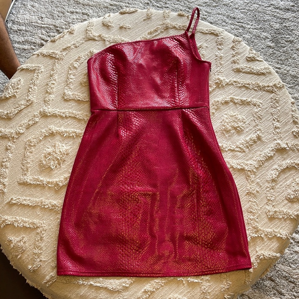 Red reptile one shoulder dress